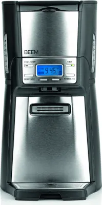 A front view of a black and silver coffee maker with a digital display.