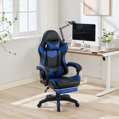 Obrázek produktu pro Závodní designová herní židle, funkce naklápění 155°, opěrka nohou, bederní masáž, černo-modrá barva