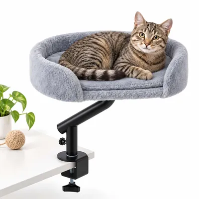 Productafbeelding van Relaxdays kattenbed voor op het bureau, 360° draaibaar, geschikt voor katten tot 25 kg, wasbaar kattenmandje, afmetingen: 44 x 33 cm, grijs/zwart, AI-gegenereerde afbeelding