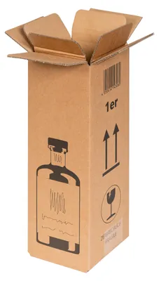 A cardboard box designed for shipping bottles, with graphics and text indicating its purpose.