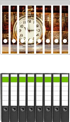 Produktbild von Wallario 8 Stück schmale Ordner inkl. Klebeetiketten mit Motive Alte Taschenuhr vor antiken Büchern -  Set mit Rückenschildern / Ordnerrücken Stickern