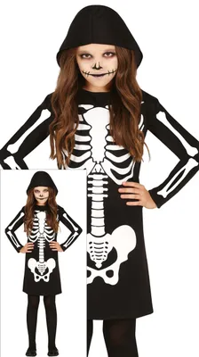 Immagine prodotto di Scheletro Halloween costume bambini vestito cappuccio spaventoso festa carnevale, taglia: 110/116 colore: nero
