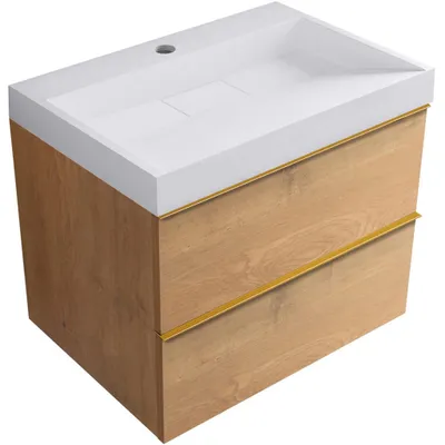 Productafbeelding van Badkamermeubel Velora - notenhout, gouden handgreep + wastafel van gietmarmer met kraangat, wit glanzend - 70x63x46,5 cm