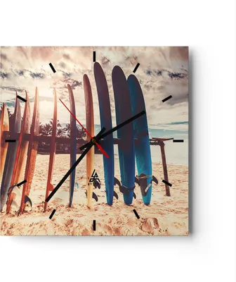Produktbild von Wanduhr - Quadrat - Glasuhr - Surfen Strand Board - 30x30cm - Schleichendes Uhrwerk - Lautlos - zum Aufhängen bereit - Dekoration Modern - Wanddekoration aus Glas - C3AC30x30-4992