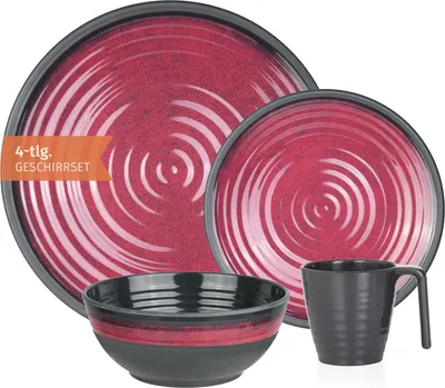Produktbild von Camping Geschirr Set 1 Person 4-teilig | Melamin | Picknick Geschirrset | Campinggeschirr Stone Red Design
