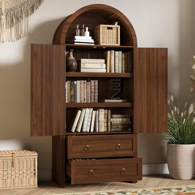 Image de Buffet de cuisine Flieks, avec structure en osier tressé en forme d'arc, meubles hauts avec double tiroir, buffet pour salon et chambre, finition noyer