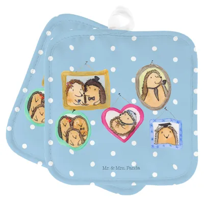 Produktbild von Mr. & Mrs. Panda Topfuntersetzer Igel Familie - Blau Pastell - Geschenk, Glück, Bilder, topfhalter, Topflappen, Set, Familienfoto, Liebe, Kochlappen, Ofenlappen