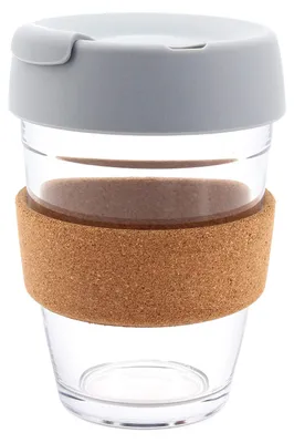 Glaskaffeetasse 350 ml mit Korkmanschette, Reisebecher, Grau