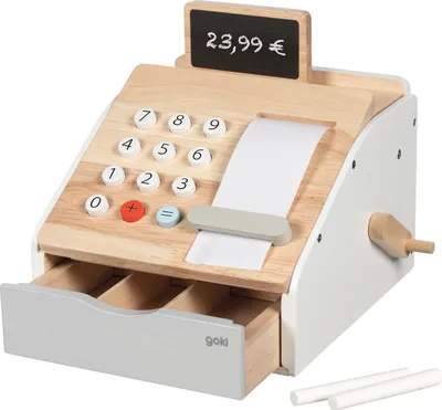 Obrázok produktu pre Goki Drevená hračka pokladňa so zvukom, 4ks.