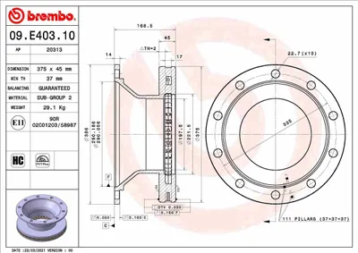 Produktbild von 2x BREMBO Bremsscheibe 09.E403.10 169mm 375mm