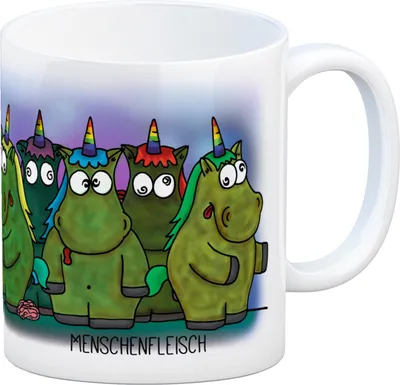 Produktbild von Honeycorns Kaffeebecher mit Einhorn Motiv und Spruch: Menschenfleisch Büro