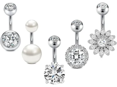 Image de Kit de piercing ombilical, 5 pièces, 14G, 6 mm, acier inoxydable, motifs fleur, cœur, zirconium, hypoallergénique, pour femmes, argenté