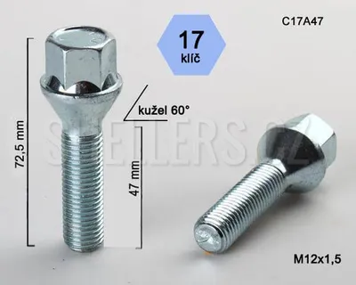 Obrázok produktu pre Skrutka kolesa M12x1,5x47 s kužeľom, kľúč 17, C17A47, výška 72,5 mm