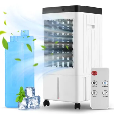 Zdjęcie produktu dla Klimatyzator ewaporacyjny z dwoma pojemnikami na lód/zbiornikiem na wodę o pojemności 10 litrów, oscylacją 100°, 3 tryby pracy, timer, bezłopatkowy wentylator chłodzący, nawilżacz powietrza, 220V