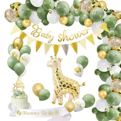 Immagine prodotto di Set di decorazioni per la festa del bebè - palloncini giraffa, palloncini verdi e striscione - per maschietto o femminuccia, festa di rivelazione del sesso