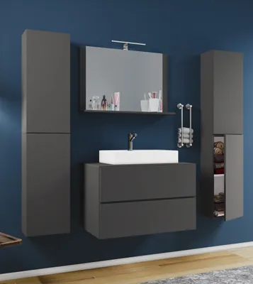 Produktbild von VCM 5-tlg. Waschplatz Waschtisch | Waschbecken Unterschrank Breite 60 cm | Badmöbel Set mit Schubladen Drehtüren Spiegel | Lendas XL Schublade