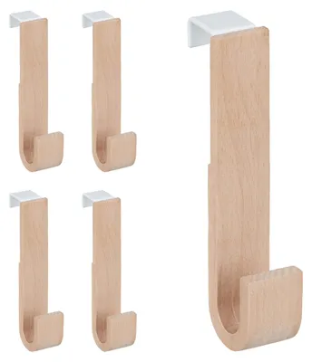 Image de Crochets de porte, lot de 5, bois et fer, pour manteaux, serviettes, porte-manteaux de couloir, H x L x P : 13 x 2,5 x 6 cm, blanc/naturel
