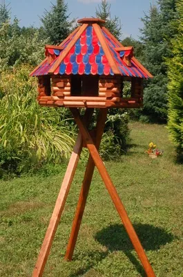 Produktbild von XXL Luxus Vogelhaus mit Solarbeleuchtung absoluter Blickfang, Vogelfutterhaus aus Holz, V13 XXL mit Ständer, Farbe:Blau - Rot