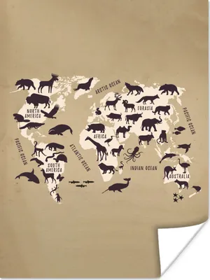 Produktbild von MuchoWow® Poster Weltkarte - Tiere - Retro 30x40 cm - Wandplakat - Poster Kinderzimmer