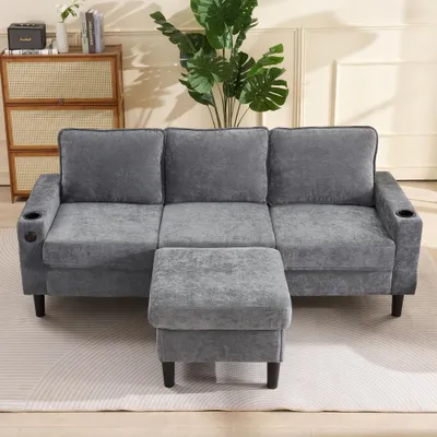 Obrázek produktu pro Šedá pohovka do obývacího pokoje, 3 místná, potažená látkou, rozměry 202x137x80 cm, s držákem na nápoje a USB-C portem