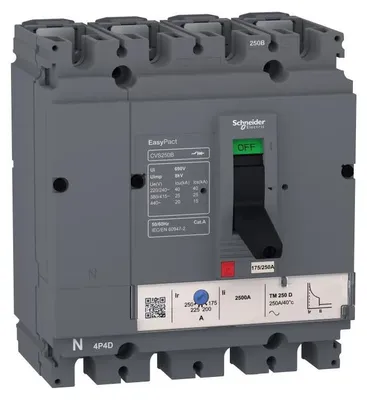 Productafbeelding van Schneider Electric EasyPact CVS100B stroomonderbreker, 25 kA bij 415 VAC, 4-polig, 4-uitschakelingskarakteristiek, met thermische magneetschakelaar TM-D 63 A en uitschakelrelais LV510325