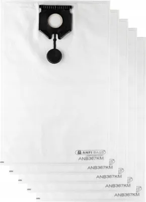 A stack of white vacuum cleaner bags with a black plastic fitting at the top of the foremost bag.