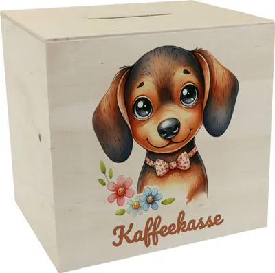 Produktbild von Dackel mit Schleife Spardose aus Holz mit Spruch Kaffeekasse