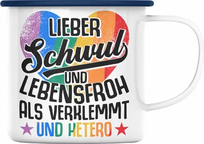 Produktbild von Trendation - LGBT Emaille Tasse Geschenk für Schwule Lesben Transgender Regenbogen Lustige Grafik Regenbogen LIeber Schwul Und Hetero Als Verklemmt und Hetero (Blau)