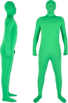 A full-body green suit shown from the side and front against a white background.