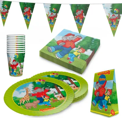 Produktbild von Benjamin Blümchen Partyset 51-tlg – Geschirr, Servietten, Wimpel & Geschenktüten