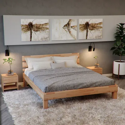 A bedroom scene featuring a wooden bed with bedding, nightstands, wall art, and a plant.