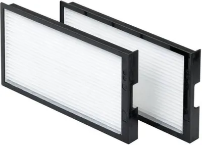 Two air filters are arranged diagonally on a white background.