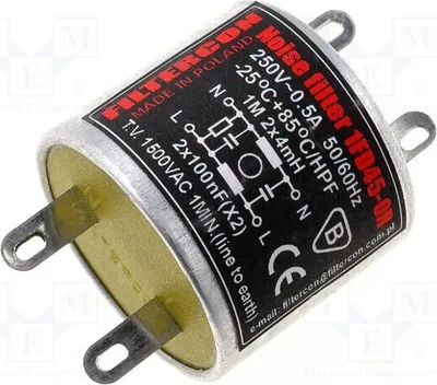 Immagine prodotto di 1 x Condensatore di filtro: 100 nF, 4 mH, per rete elettrica. Corrente massima di funzionamento: 0,5 A. Modello: 1FD45-0R. Funzione: filtro di interferenze