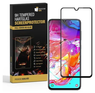 A product shot of a phone screen protector packaging and the screen protector itself placed over a smartphone.