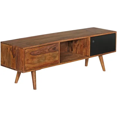Produktbild von TV Lowboard REPA 140 cm Massiv-Holz Sheesham Landhaus 2 Türen & Fach | HiFi Regal braun / schwarz 4 Füße | Fernseher Kommode Vintage