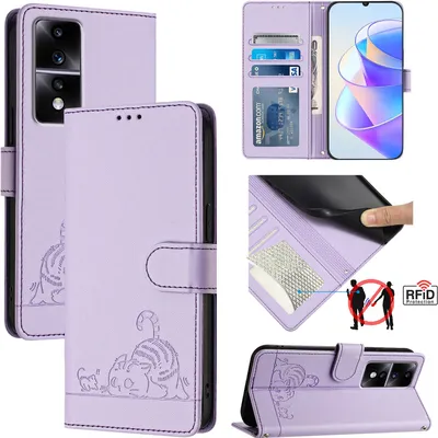 Produktbild von Leder Hülle für Honor 80 GT Süße Katze Flip Case Brieftasche Schutzhülle mit Standfunktion Lila