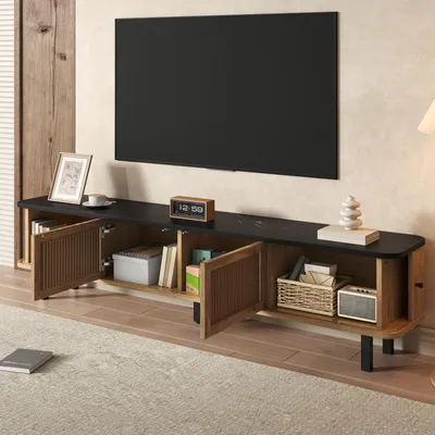 Obrázek produktu pro okwish Moderní TV skříň se dvěma posuvnými dvířky, TV stolek s velkým úložným prostorem, TV lowboard s černými kulatými úchytkami, dub