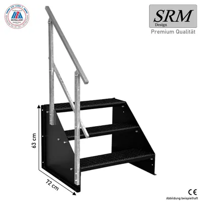 Zdjęcie produktu dla 3-stopniowe schody wolnostojące model 1 całkowicie czarne schody stalowe szerokość 100 cm wysokość 63 cm 1x poręcz