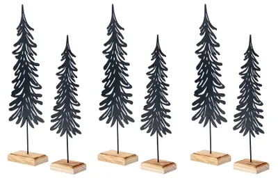 Produktbild von 6er Set Tanne Deko-Aufsteller Metall Holz Schwarz Natur Weihnachts-Deko Tischdeko Weihnachtsdeko Weihnachtsbaum