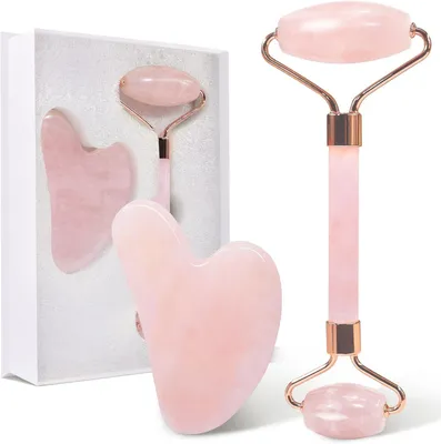 Produktbild von Gesichtsmassagegerät Gua Sha Gesichtsroller Set aus Rosenquarz Jade Roller für feine Linien , 2-teiliges Set. Rosenquarz Doppelend