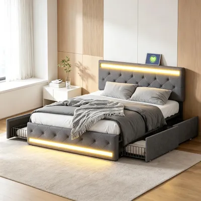 Obrázek produktu pro Postel INONEFT, 160x200 cm, čalouněná, s LED osvětlením a USB/Type-C porty, manželská postel s nastavitelnou výškou opěrky hlavy, úložná postel s roštem a 4 zásuvkami, lněná