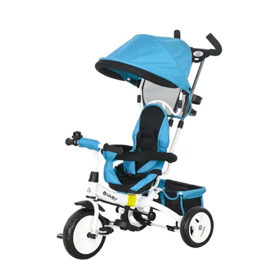 Produktbild von Kinderdreirad 6-in-1 mit Schiebestange Dach Gurt und Ablagekorb Dreirad Kinderwagen Fahrrad für 1-5 Jahre Kinder Blau