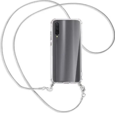Produktbild von Handykette Backcover-Schutzhülle mit Band (Metall silberfarben) für Xiaomi Mi 9 Lite / CC9 - silberfarbene Kette Snake