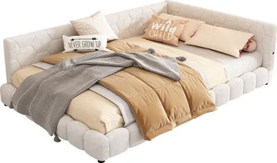 Produktbild von Merax Polsterbett 140x200cm mit LED und USB-Anschluss, Tagesbett mit Lattenrost, Schlafsofa aus Teddy-Plüsch, Funktionsbett Doppelbett Kinderbett Weiß