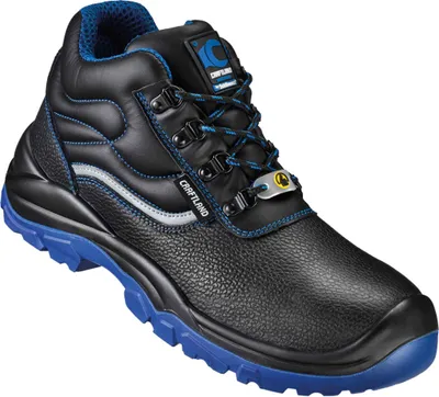 A single black work boot with blue accents and a blue sole, shown against a white background.