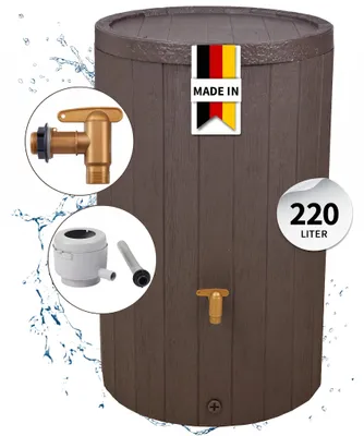 Productafbeelding van 4rain MADERA regenton complete-set 220 L bruin incl. kunststof uitloopkraan en regenpijp aansluiting, AI-gegenereerde afbeelding