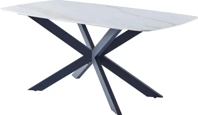 A rectangular dining table with a white marble-like top and a dark gray, star-shaped metal base, isolated on a white background.