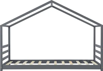 Produktbild von Kinderbett mit Lattenrost und Gitter 90 x 200 cm Hausbett Bettenhaus Bett Jugendbett Kiefernholz Dunkelgrau [en.casa]