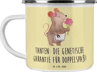 Produktbild von Mr. & Mrs. Panda Pott Tanten Doppelspaß - Gelb Pastell - Geschenk, Haferl, Spaß, Neffe, Dankeschön, becher emaille, Nichte, Familienmitglieder, Teetasse, Blechtasse