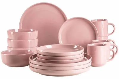 Imagen del producto de Juego de vajilla Unyqoos® de 16 piezas para 4 personas: diseño escandinavo, cerámica y gres en color rosa pastel, apto para lavavajillas y microondas